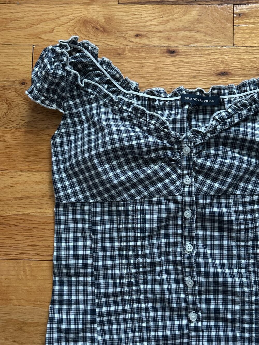Brandy Melville Dark Blue Gingham Top Women's Ruffled Sleeves Neckline Button-Up - Picture 3 of 11